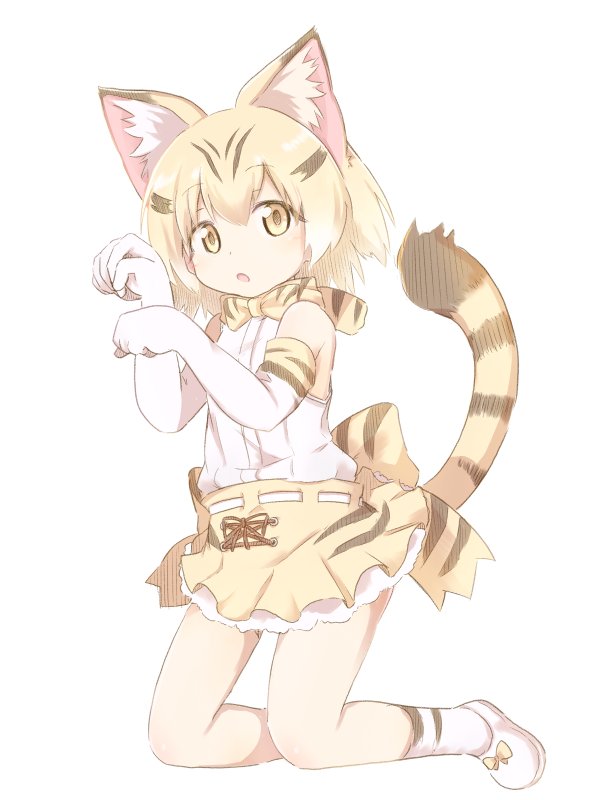 1girl, :o, animal_ears, bare_shoulders, blonde_hair, blush, bow, bowtie, cat_ears, cat_tail, clenched_hands, commentary_request, cross-laced_clothes, dot_nose, elbow_gloves, expressionless, eyebrows_visible_through_hair, flat_chest, frilled_skirt, frills, full_body, gloves, gradient_hair, kemono_friends, kneehighs, kneeling, looking_at_viewer, multicolored_hair, naya, open_mouth, paw_pose, ribbon, sand_cat_(kemono_friends), shirt, shoe_ribbon, shoes, simple_background, skirt, sleeveless, sleeveless_shirt, socks, solo, streaked_hair, striped_tail, tail, tareme, two-tone_hair, white_background, white_footwear, white_hair, white_shirt, white_shoes, yellow_eyes, yellow_ribbon