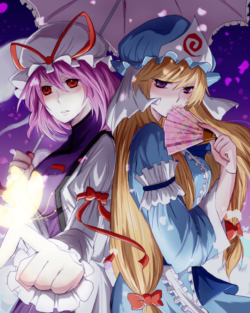 2girls, animal_print, arm_ribbon, back-to-back, bangs, blonde_hair, blush, bow