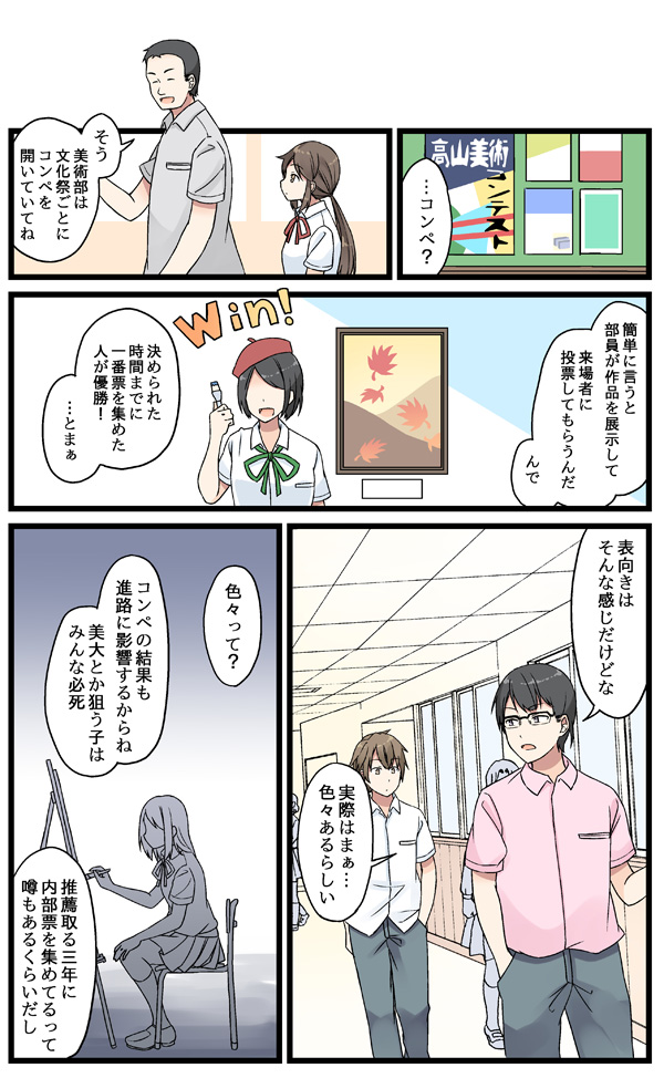 3boys, 3girls, beret, black_hair, brown_hair, chair, collared_shirt, comic