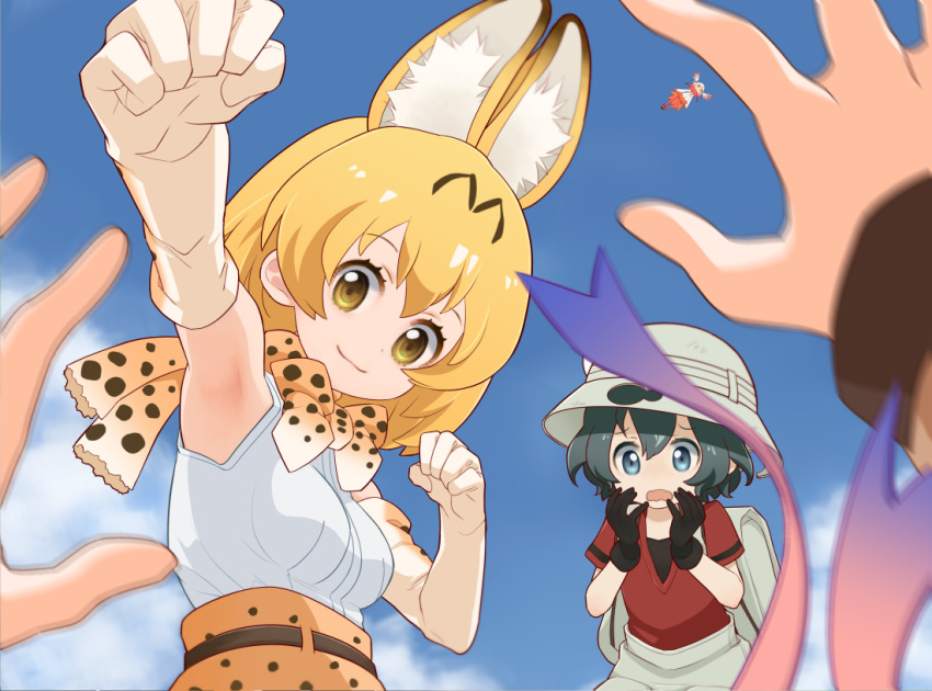 4girls, :3, animal_ears, armpits, arms_up, backpack, bag, bangs
