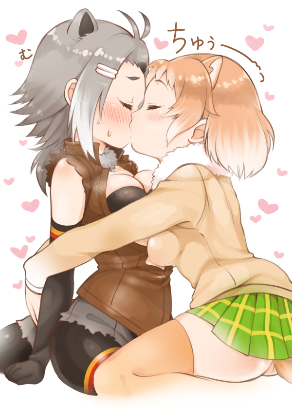 2girls, ahoge, animal_ears, antenna_hair, bare_shoulders, beaver_ears, beaver_tail, beige_sweater