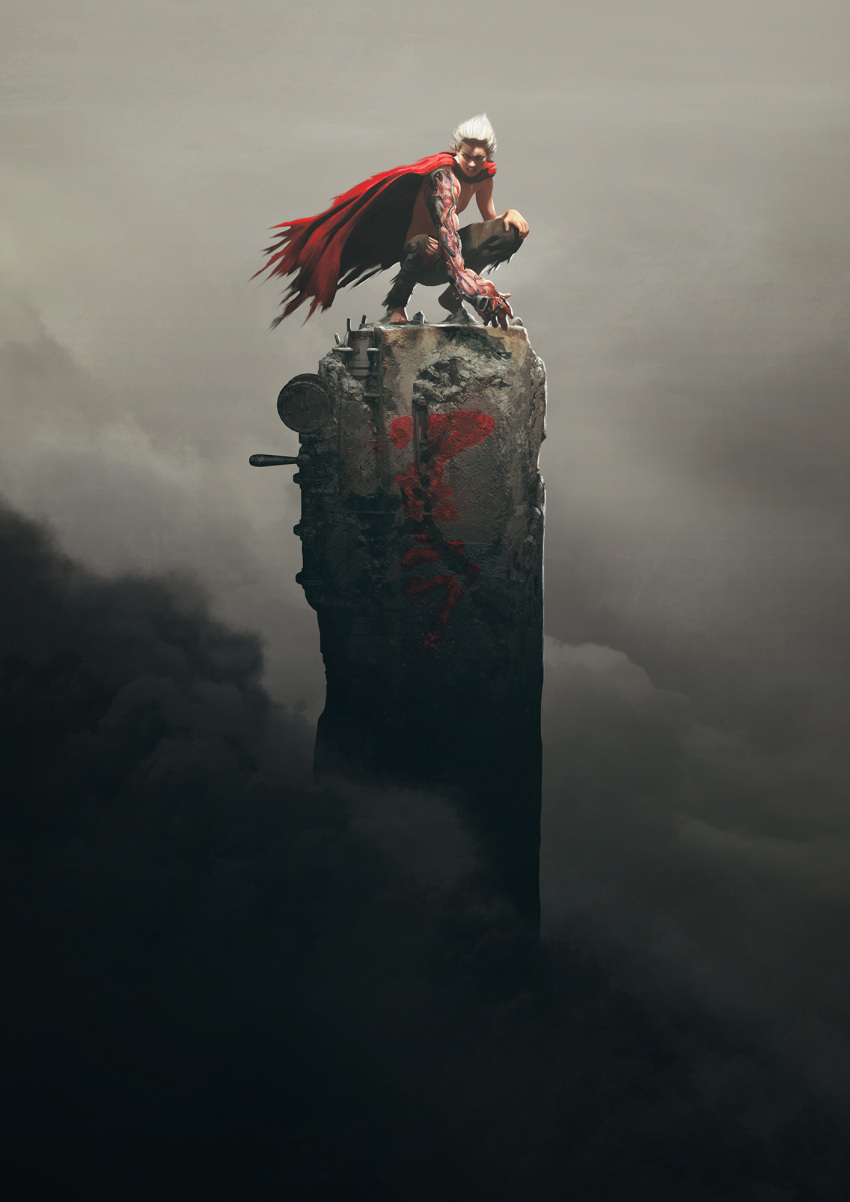 1boy, akira, asian, barefoot, black_pants, cape, clenched_teeth, commentary, d:<, guillem_h_pongiluppi, hand_on_own_knee, highres, male_focus, pants, pillar, realistic, red_cape, shima_tetsuo, short_hair, smoke, solo, squatting, teeth, topless, torn_clothes, torn_pants, white_hair