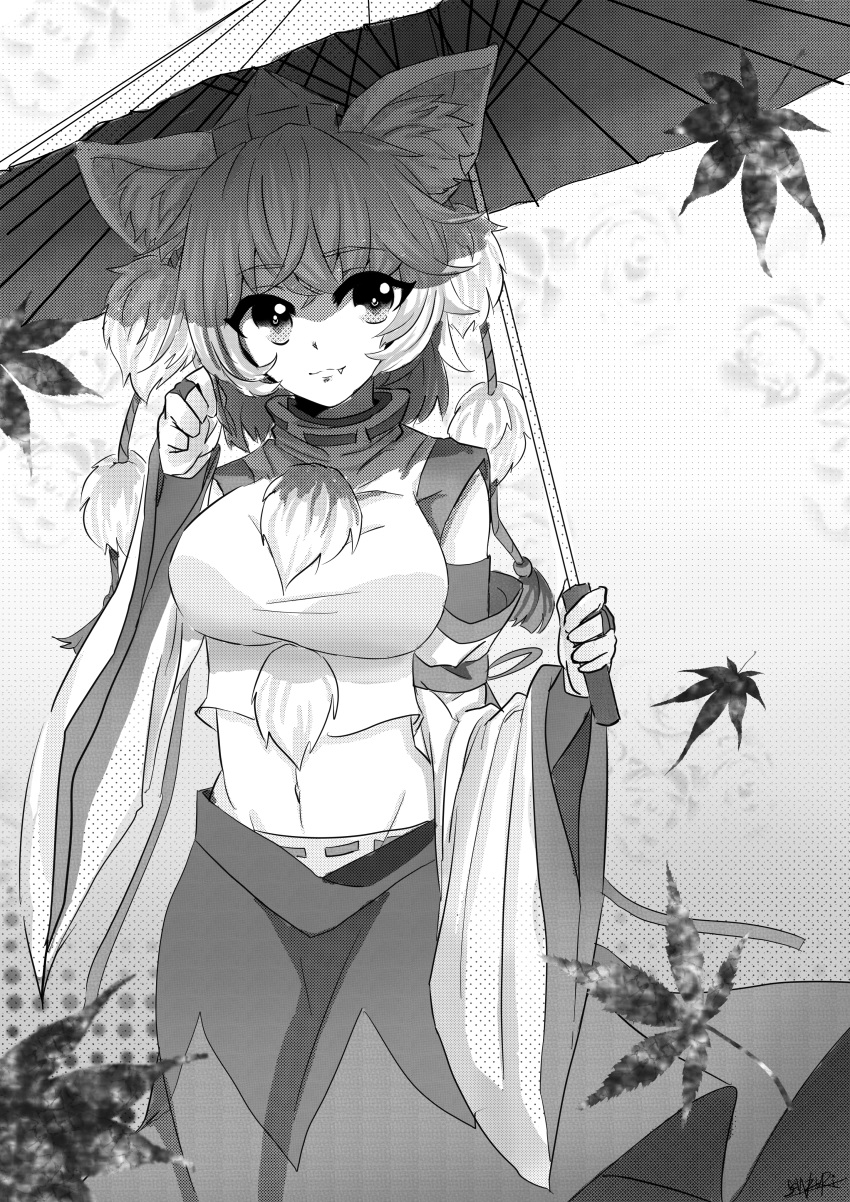 1girl, absurdres, animal_ears, breasts, bridal_gauntlets, cowboy_shot, detached_sleeves, eyebrows_visible_through_hair