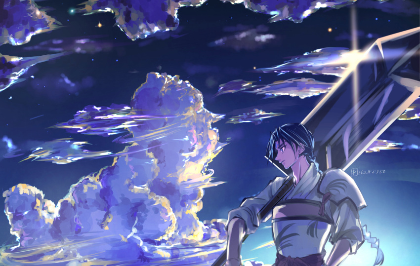 1boy, armor, bankotsu_(inuyasha), blue_background, blue_sky, clouds, faux_traditional_media, inuyasha