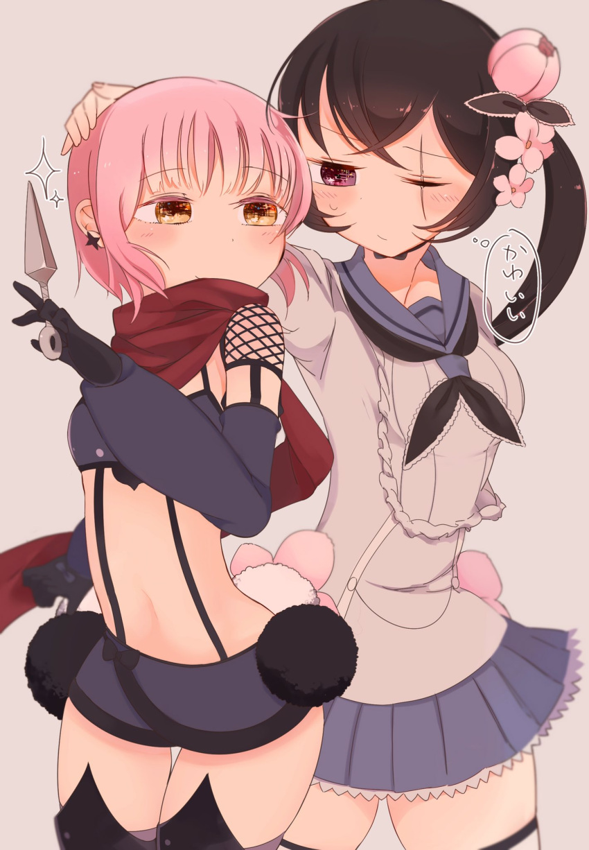 2girls, bikini_top, black_hair, blush, cosplay, costume_switch, flower, gloves