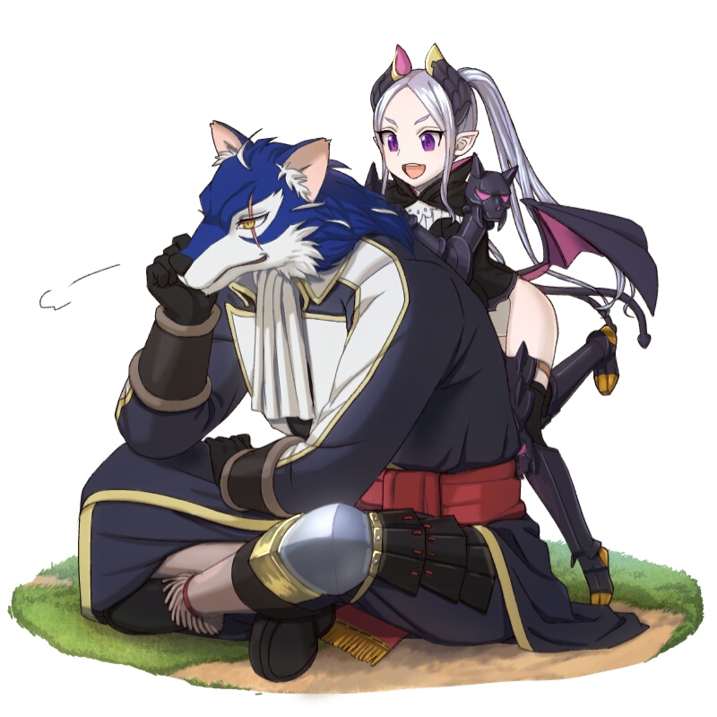 1boy, 1girl, blood_valhound, boots, demon_girl, horns, long_hair, open_mouth