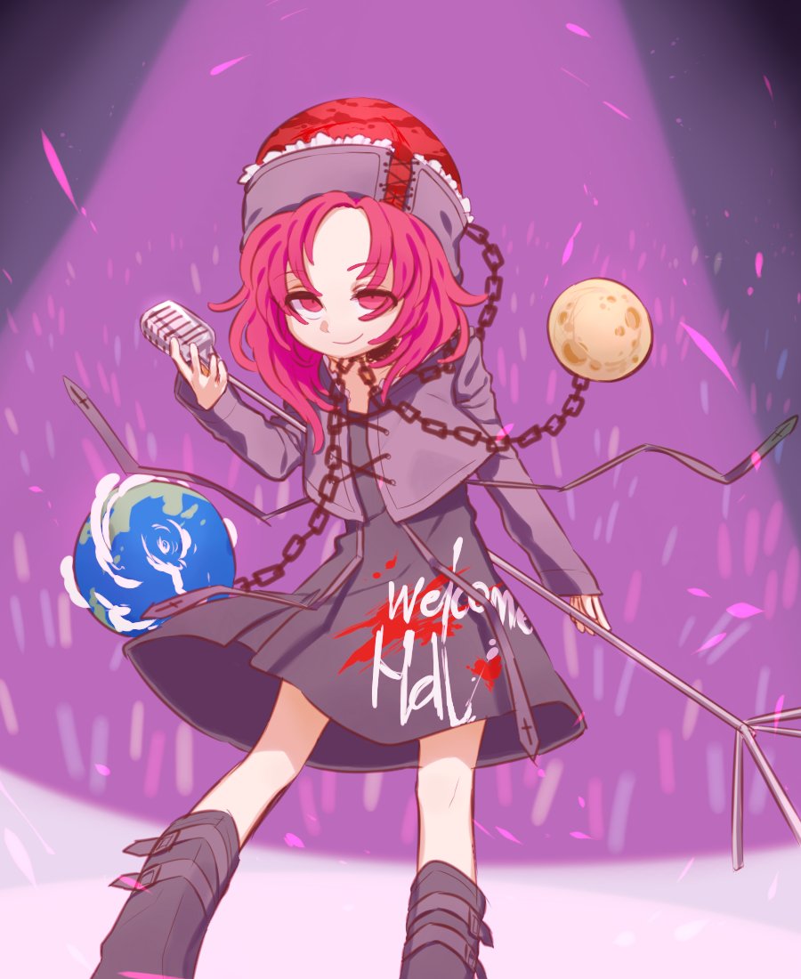 1girl, aliun, alternate_costume, black_boots, black_dress, boots, chains, clothes_writing, collar, dress, earth_(ornament), hecatia_lapislazuli, long_sleeves, looking_at_viewer, microphone, moon_(ornament), polos_crown, red_eyes, redhead, short_dress, smirk, solo, touhou