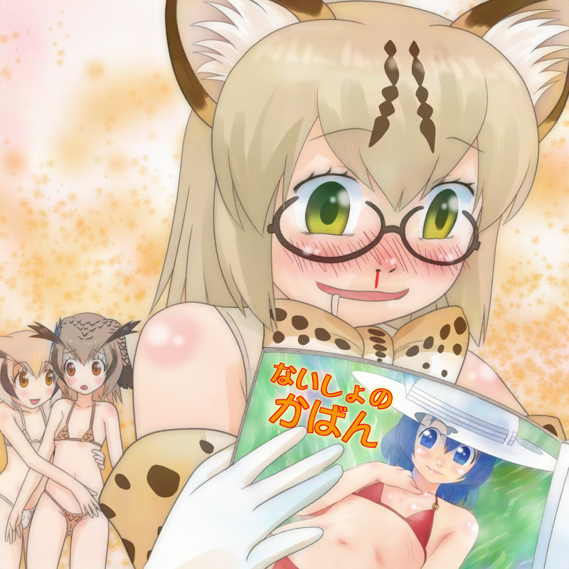 4girls, animal_ears, bikini, blood, blush, brown_eyes, brown_hair, cat_ears