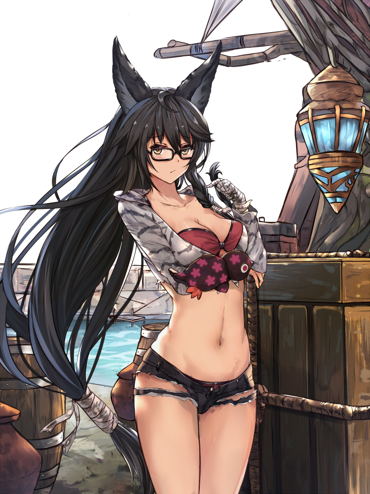 1girl, animal_ears, bandage, bandaged_arm, barrel, bikini, bikini_under_clothes, black-framed_eyewear, black_shorts, box, breasts, brown_eyes, cleavage, collarbone, creature, crop_top, cutoffs, fox_ears, harbor, lantern, long_hair, long_sleeves, looking_at_viewer, low-tied_long_hair, medium_breasts, navel, open_clothes, open_fly, open_shirt, outdoors, pier, playing_with_own_hair, red_bikini, rope, shirt, short_shorts, shorts, sketch, solo, stomach, swimsuit, tales_of_(series), tales_of_berseria, thigh-highs, unbuttoned, velvet_crowe, very_long_hair, water, white_crow, wood, wooden_box