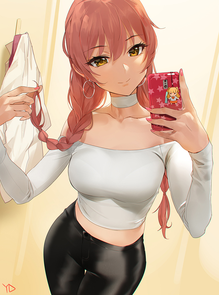 1girl, bangs, bare_shoulders, black_pants, bra, braid, breasts, cellphone