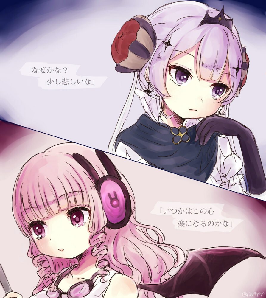 2girls, 364poyo, bat_wings, chin_rest, gloves, goggles, goggles_around_neck, headphones