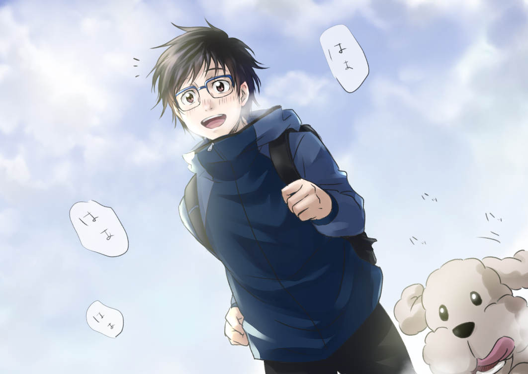 1boy, backpack, bag, black_hair, blue-framed_eyewear, brown_eyes, dog, glasses