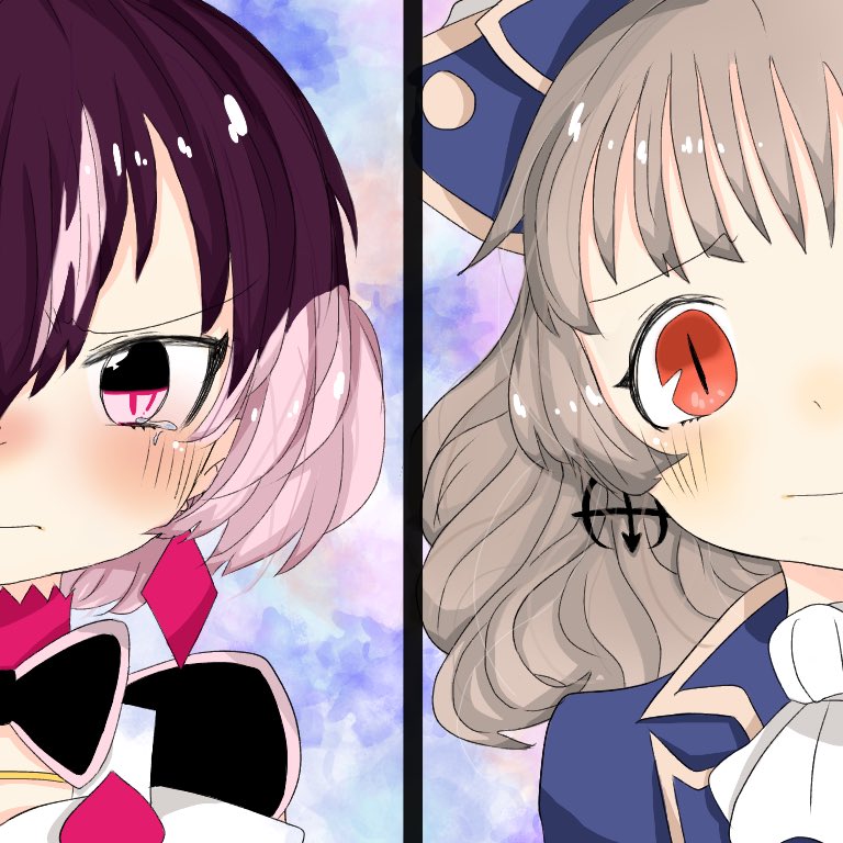 2girls, ayu_(ayu46491), blush, captain_grace, funny_trick, hat, long_hair, mahou_shoujo_ikusei_keikaku, mahou_shoujo_ikusei_keikaku_limited, multicolored_hair, multiple_girls, pirate, pirate_hat, short_hair, slit_pupils, tears, two-tone_hair