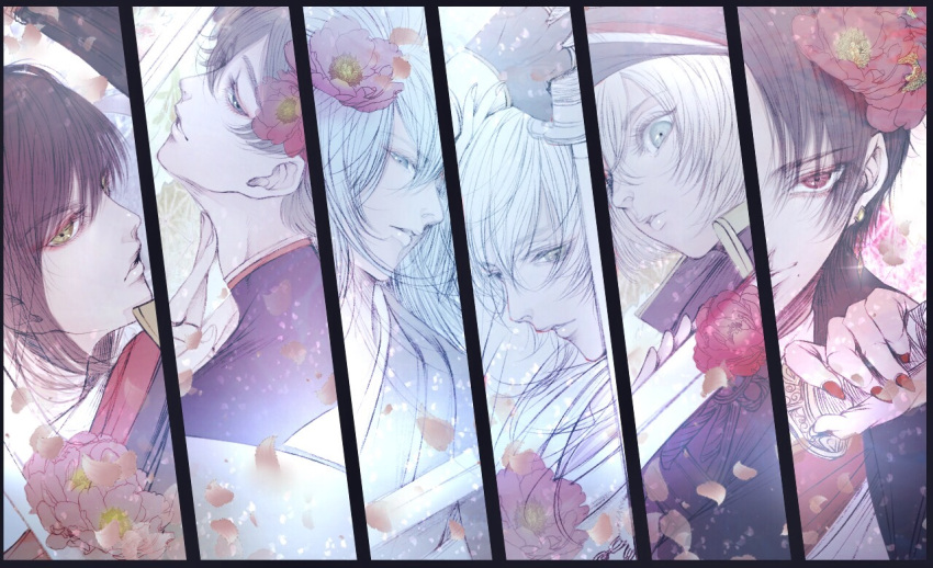 6+boys, black_gloves, blue_eyes, blue_hair, brown_hair, camellia_(flower), column_lineup, flower
