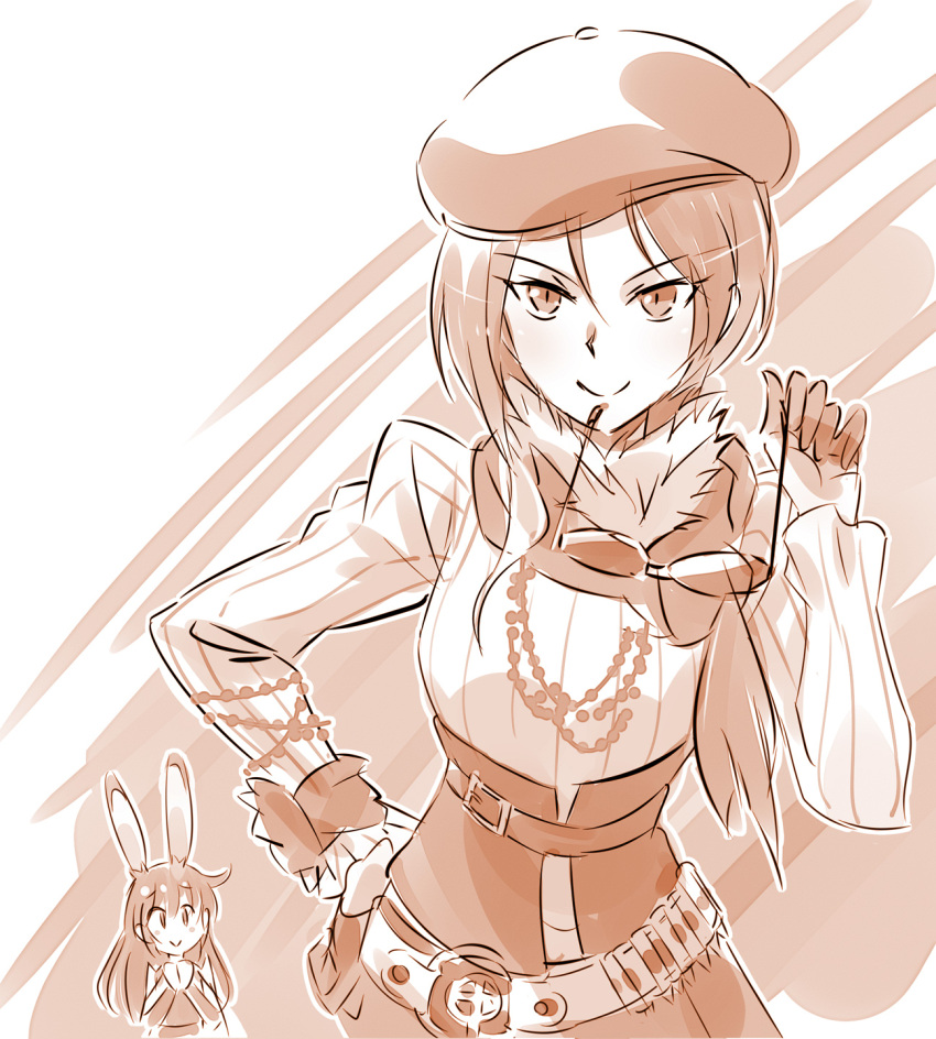 2girls, animal_ears, bandolier, beret, blouse, bracelet, coco_adel, hat