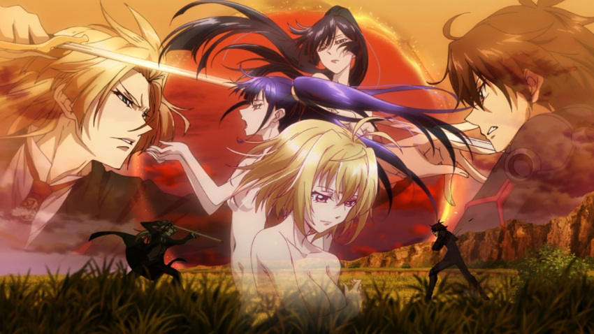 angelise_ikaruga_misurugi, antenna_hair, bare_shoulders, black_hair, black_pants, black_shirt, blonde_hair, breasts