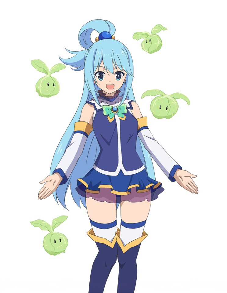 1girl, 5pb., aqua_(konosuba), blue_boots, blue_eyes, blue_hair, blue_shirt, blue_skirt