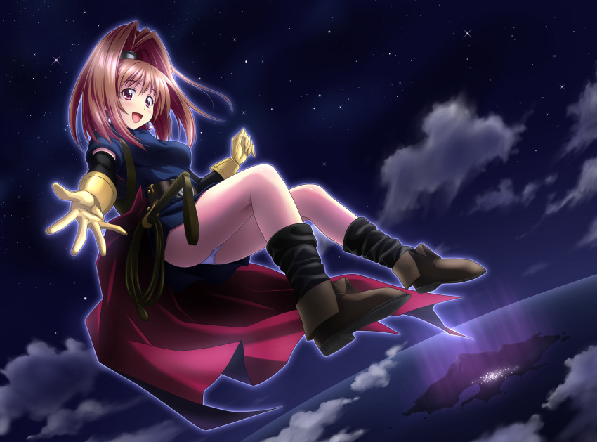 1girl, absurdres, baabara_(doubutsu_no_mori), belt, black_legwear, brown_eyes, brown_hair, cape, detached_sleeves, dragon_quest, dragon_quest_vi, eyebrows_visible_through_hair, flying, gloves, hair_ornament, highres, long_hair, loose_socks, nakajima_akihiko, night, open_mouth, outdoors, panties, sky, socks, solo, star_(sky), starry_sky, underwear, white_panties, yellow_gloves