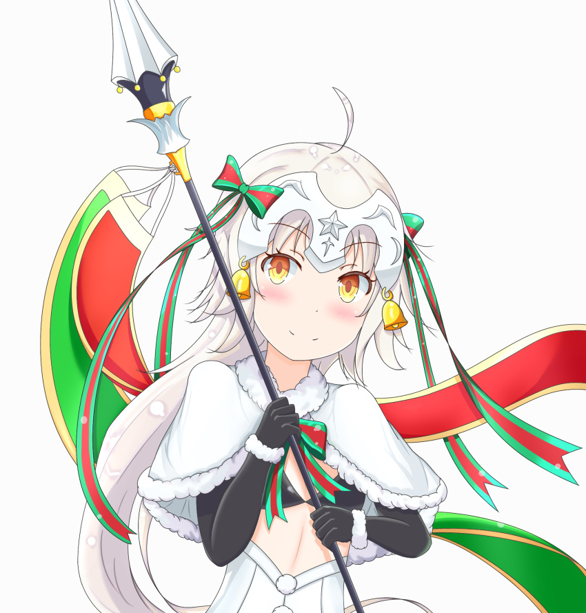 1girl, bikini, black_bikini, black_gloves, capelet, fate/grand_order, fate_(series), gloves, headpiece, highres, holding, holding_weapon, jeanne_alter, jeanne_alter_(santa_lily)_(fate), long_hair, looking_at_viewer, polearm, riya_m, ruler_(fate/apocrypha), silver_hair, simple_background, smile, solo, swimsuit, weapon, white_background, yellow_eyes