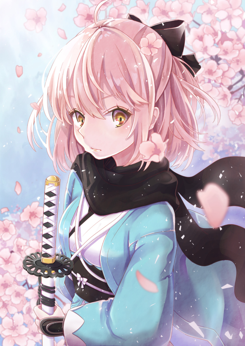 1girl, ahoge, blurry, bow, brown_eyes, cherry_blossoms, depth_of_field, fate/grand_order