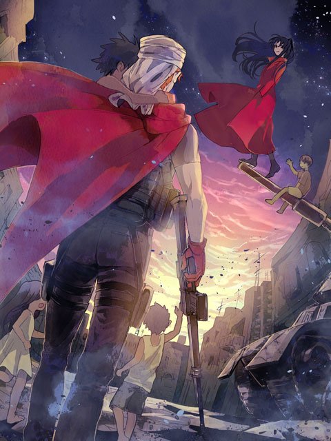 2girls, akao_ppai, black_hair, cape, child, emiya_shirou, fate/stay_night, fate_(series)