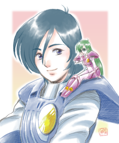 1boy, 1girl, 80s, adjusting_glasses, alien, armor, artist_request, blue_hair