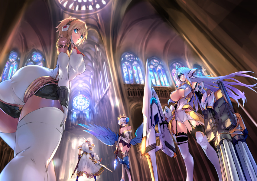 4girls, aegis, aegis_(persona), android, antenna_hair, armor, armored_dress, ass