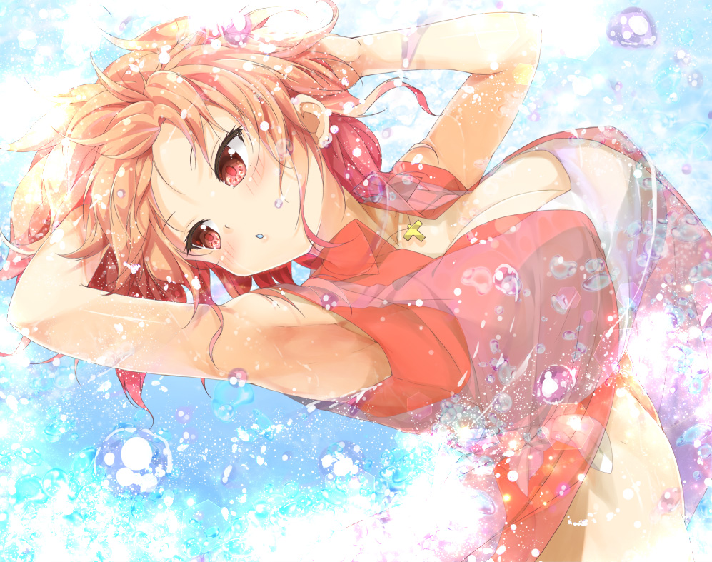 1girl, armpits, blonde_hair, blush, breasts, cafe-chan_to_break_time, commentary_request, hair_ornament