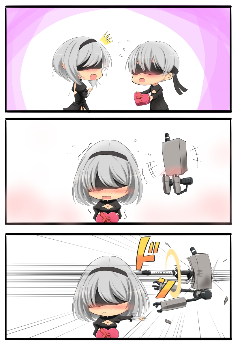 /\/\/\, 1boy, 1girl, 3koma, black_dress, black_gloves, blindfold, blush