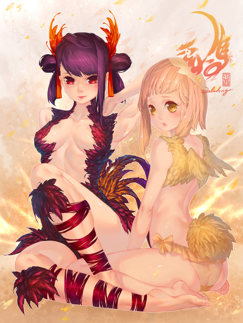 2girls, arm_behind_head, arm_up, armpits, artist_name, ass, bangs, barefoot, between_legs, bikini, blonde_hair, blunt_bangs, bow, bow_bikini, breasts, breasts_apart, closed_mouth, collarbone, double_bun, eggshell, eggshell_hat, feather_trim, feathers, frilled_bikini, frills, hair_ornament, hair_ribbon, hand_between_legs, hat, highres, knee_up, lips, lipstick, looking_at_viewer, looking_back, makeup, medium_breasts, multiple_girls, original, parted_lips, pink_lips, pink_lipstick, purple_hair, red_eyes, revealing_clothes, ribbon, rooster_tail, short_hair_with_long_locks, sidelocks, signature, sitting, smile, swimsuit, tail, tassel, toenails, twisted_neck, wariza, waterring, wings, yellow_bikini, yellow_bikini_bottom, yellow_bow, yellow_eyes