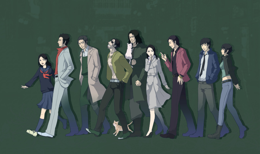 3girls, 6+boys, akiyama_shun, belt, black_gloves, black_hair, black_shirt, cat