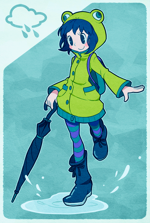 1girl, backpack, bag, blue_background, blue_eyes, blue_hair, boots, check_commentary