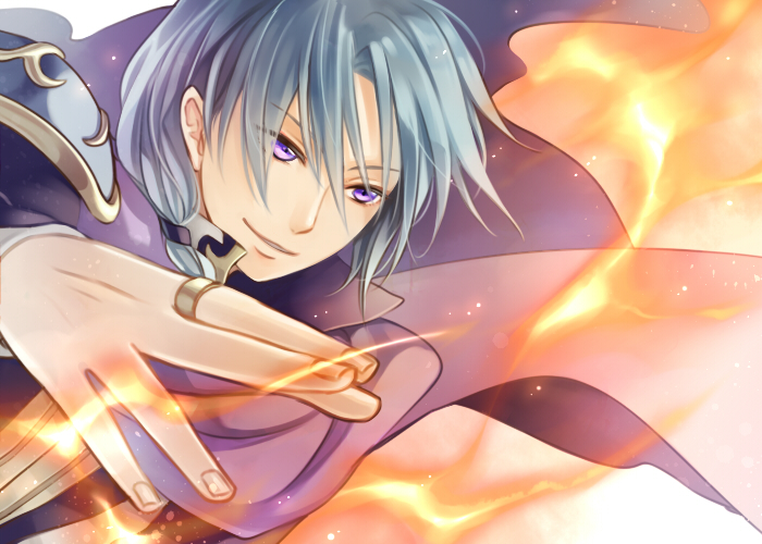 1boy, cape, fire, fire_emblem, fire_emblem:_rekka_no_ken, grey_hair, jewelry, kiyuu