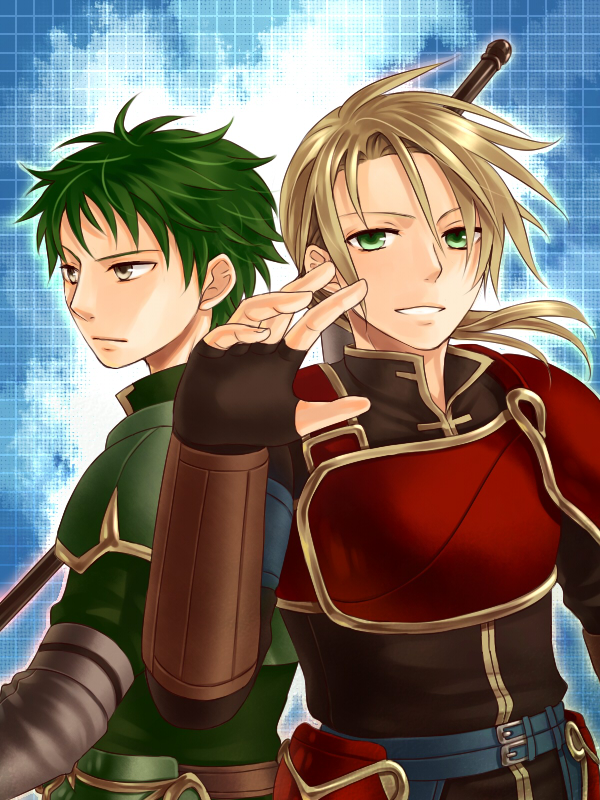 2boys, armor, brown_eyes, fingerless_gloves, fire_emblem, fire_emblem:_seima_no_kouseki, forde, gloves