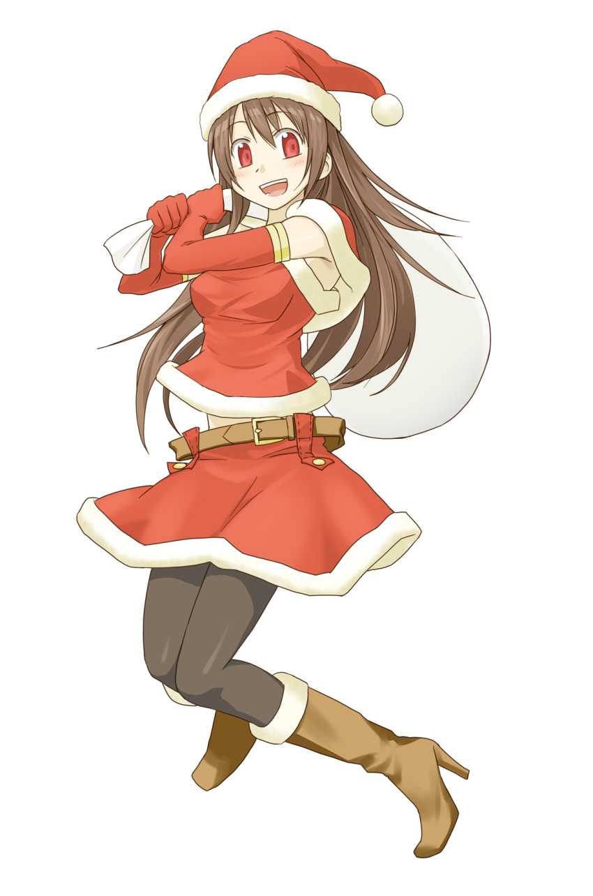 belt, blush, boots, brown_hair, christmas, elbow_gloves, gloves, happy