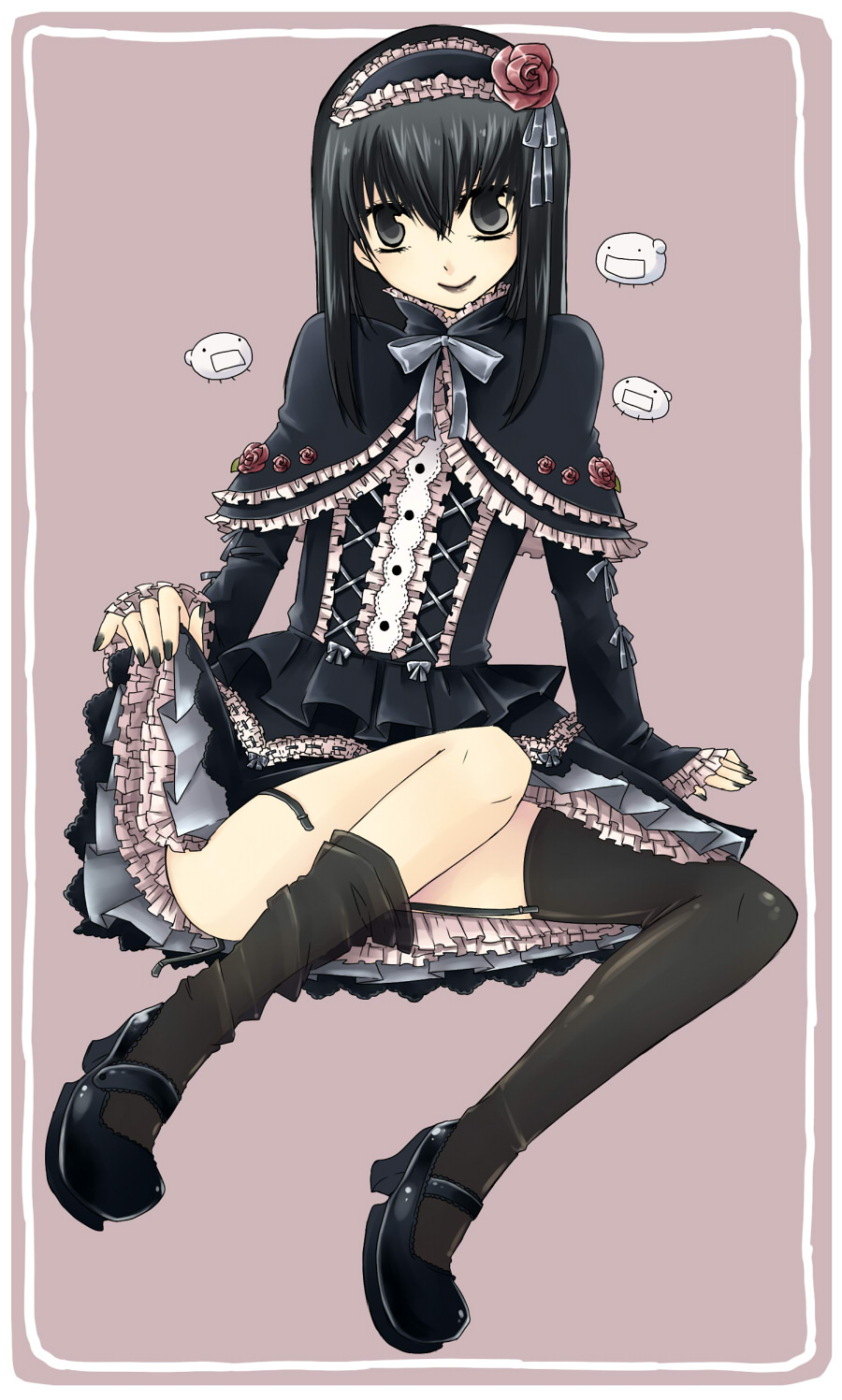 black_hair, crossdressing, crossdressinging, dress, fingernails, flower, garter_belt, gothic