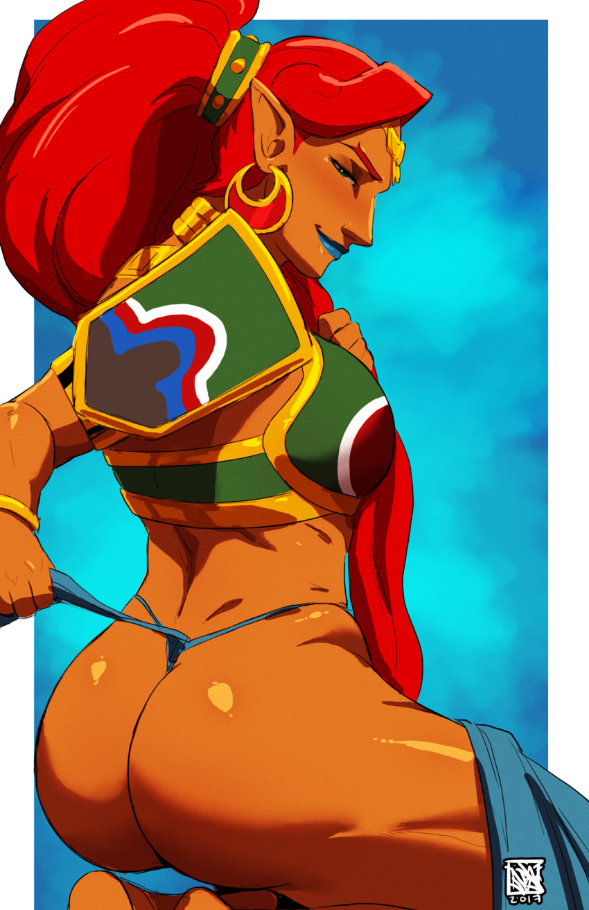 1girl, ass, dark_skin, gerudo, green_eyes, highres, jewelry, lipstick