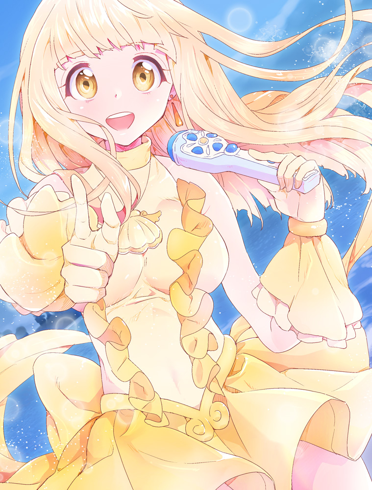 1girl, bangs, blonde_hair, breasts, coco_(mermaid_melody_pichi_pichi_pitch), dress, earrings, frills