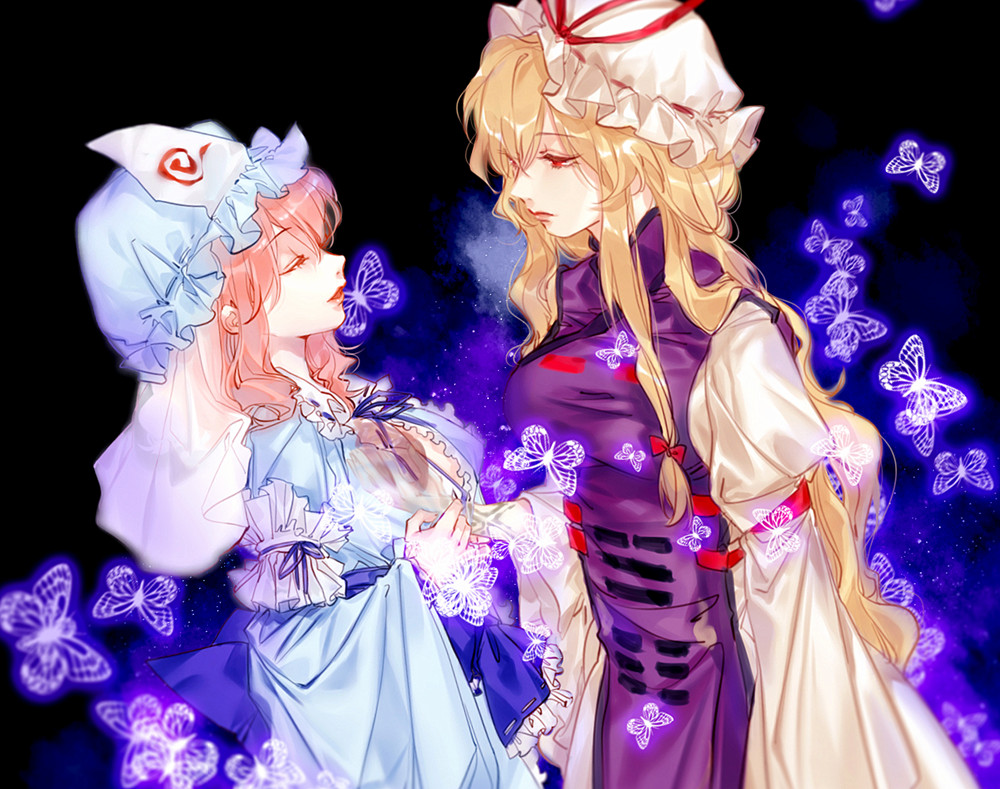 2girls, blonde_hair, butterfly, closed_eyes, hat, heart_(organ), hug_(yourhug), mob_cap