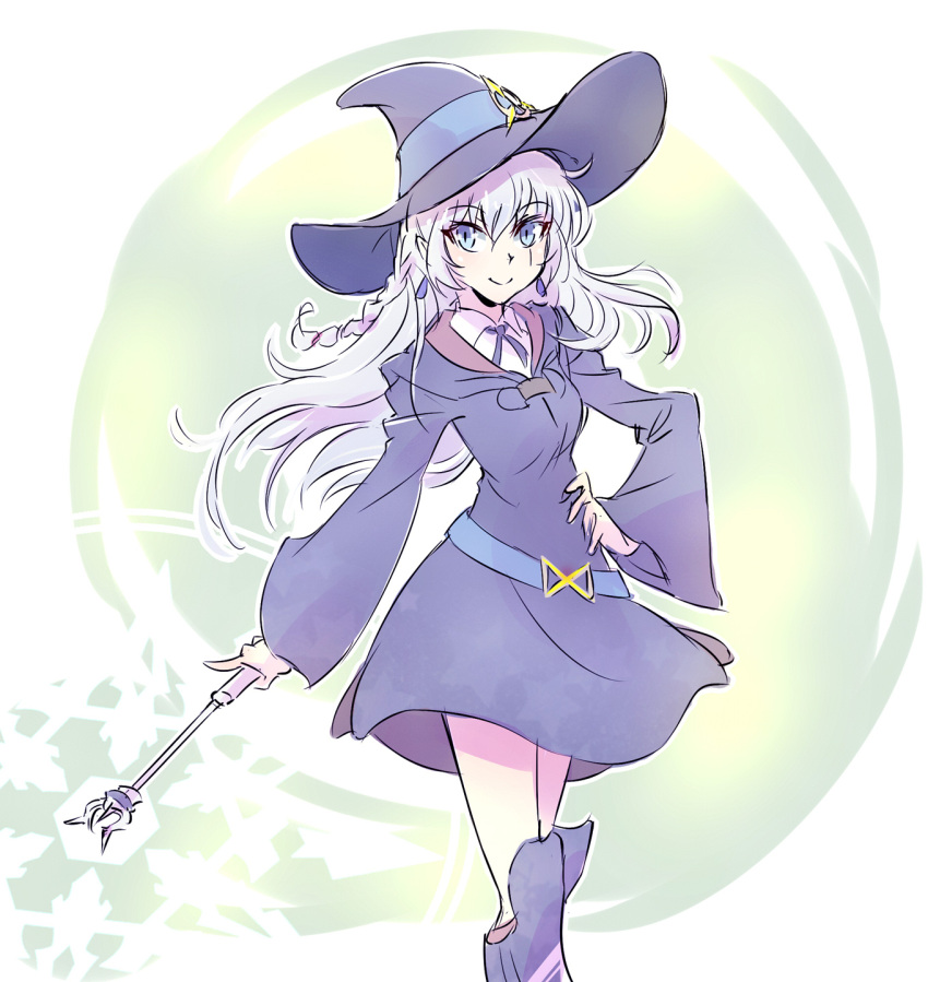 1girl, blue_eyes, boots, braid, cosplay, diana_cavendish, diana_cavendish_(cosplay), earrings, hat, highres, hikasa_youko, iesupa, jewelry, little_witch_academia, rwby, scar, seiyuu_connection, solo, wand, weiss_schnee, white_hair, witch_hat