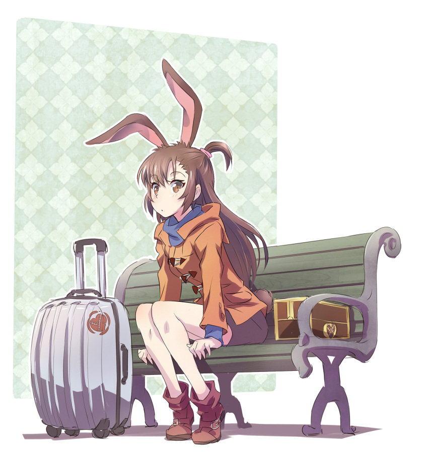 1girl, animal_ears, bangs, bench, black_skirt, boots, box, brown_boots