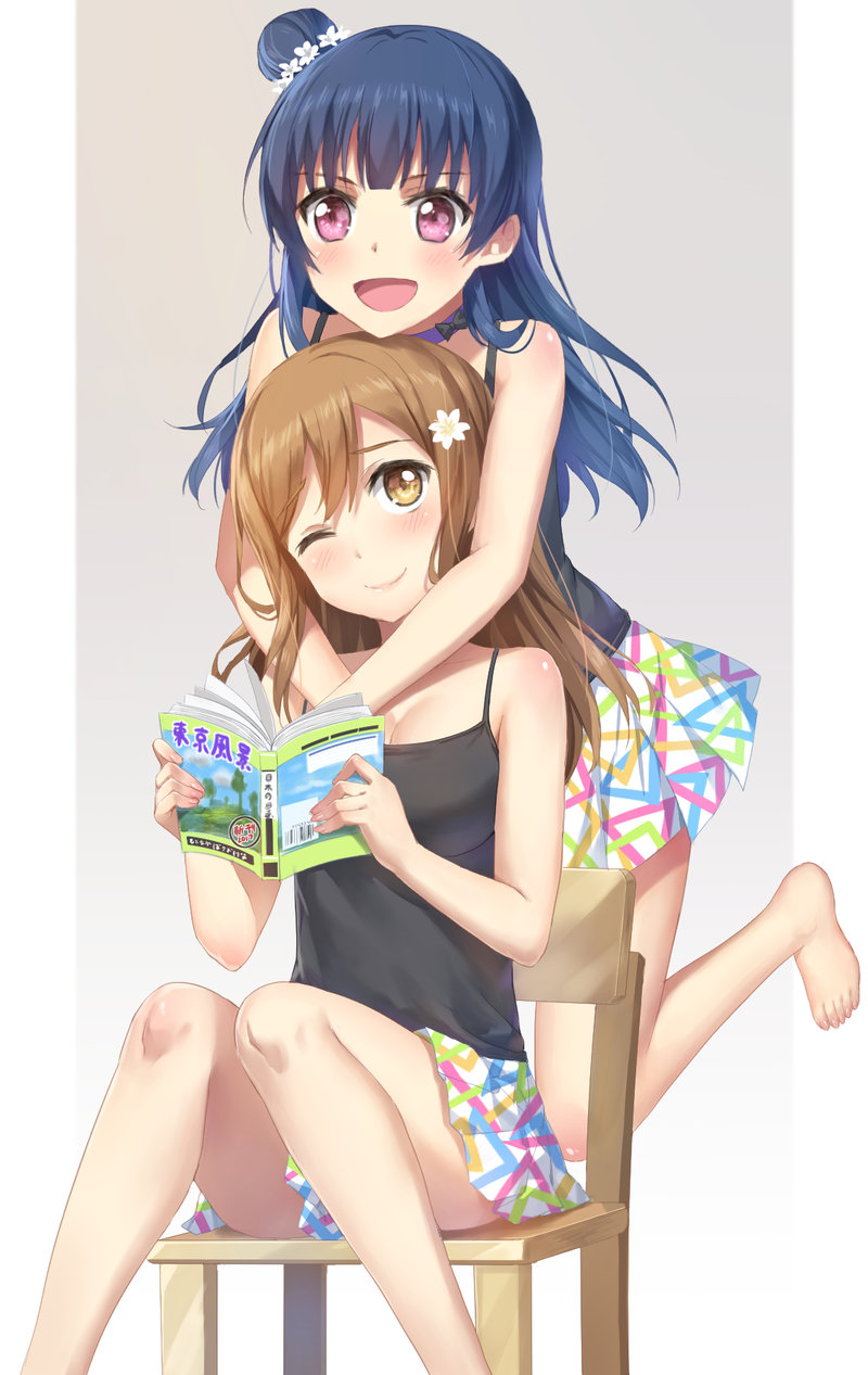 2girls, :d, bangs, bare_arms, bare_legs, bare_shoulders, barefoot, black_bow