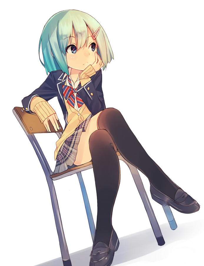 1girl, black_legwear, blue_eyes, blue_hair, chair, closed_mouth, eyebrows_visible_through_hair, hair_ornament