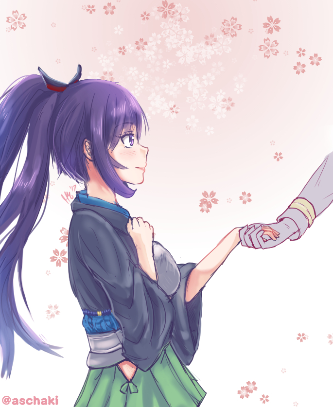 1boy, 1girl, admiral_(zhan_jian_shao_nyu), background, black_kimono, blue_eyes, blue_hair, blush