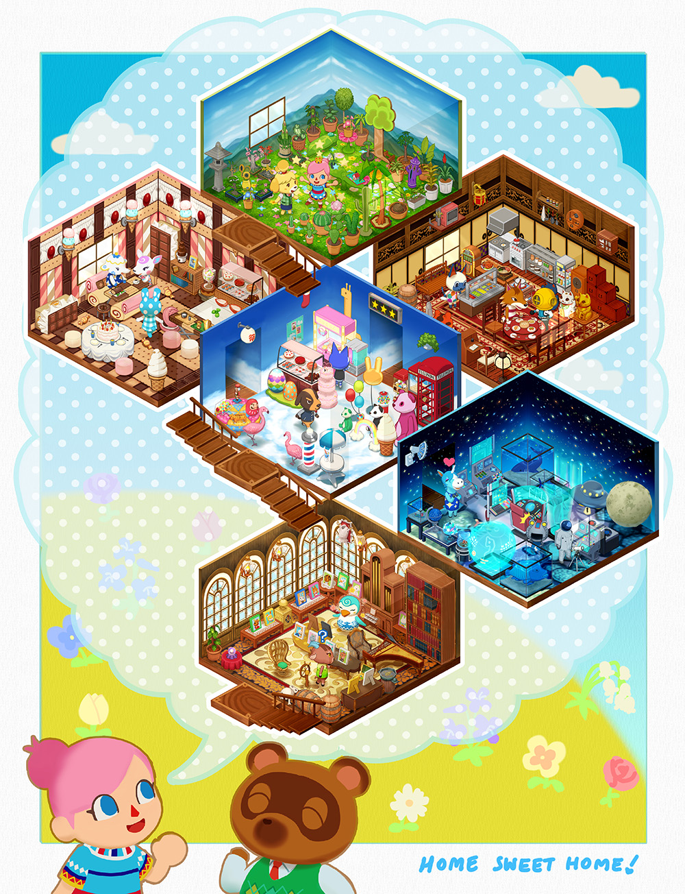6+boys, 6+girls, aquarium, baabara_(doubutsu_no_mori), bird, blue_eyes, bookshelf, cactus, cake, chair, chief_(doubutsu_no_mori), christine_(doubutsu_no_mori), clouds, daruma_doll, doubutsu_no_mori, flamingo, flower, food, frappe_(doubutsu_no_mori), gacha_(doubutsu_no_mori), heart, highres, house, instrument, isometric, jinpei_(doubutsu_no_mori), john_(doubutsu_no_mori), julie_(doubutsu_no_mori), maneki-neko, maru_(doubutsu_no_mori), multiple_boys, multiple_girls, natalie_(doubutsu_no_mori), official_style, organ, phone_booth, pink_hair, polka_dot, polka_dot_background, shizue_(doubutsu_no_mori), smile, speech_bubble, stairs, stuffed_animal, stuffed_panda, stuffed_toy, tanukichi_(doubutsu_no_mori), text, tina_(doubutsu_no_mori), viibean, villager_(doubutsu_no_mori), window