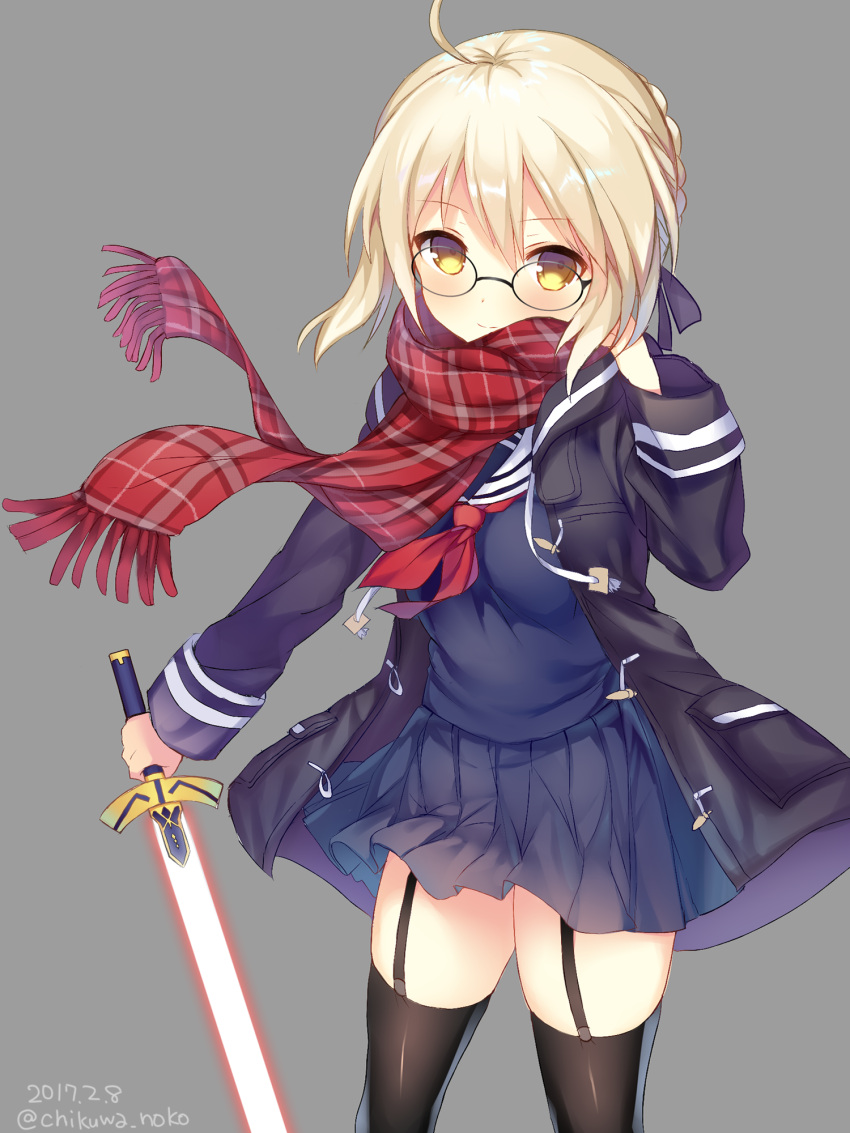 1girl, ahoge, bangs, black-framed_eyewear, black_legwear, blonde_hair, blue_skirt, blush