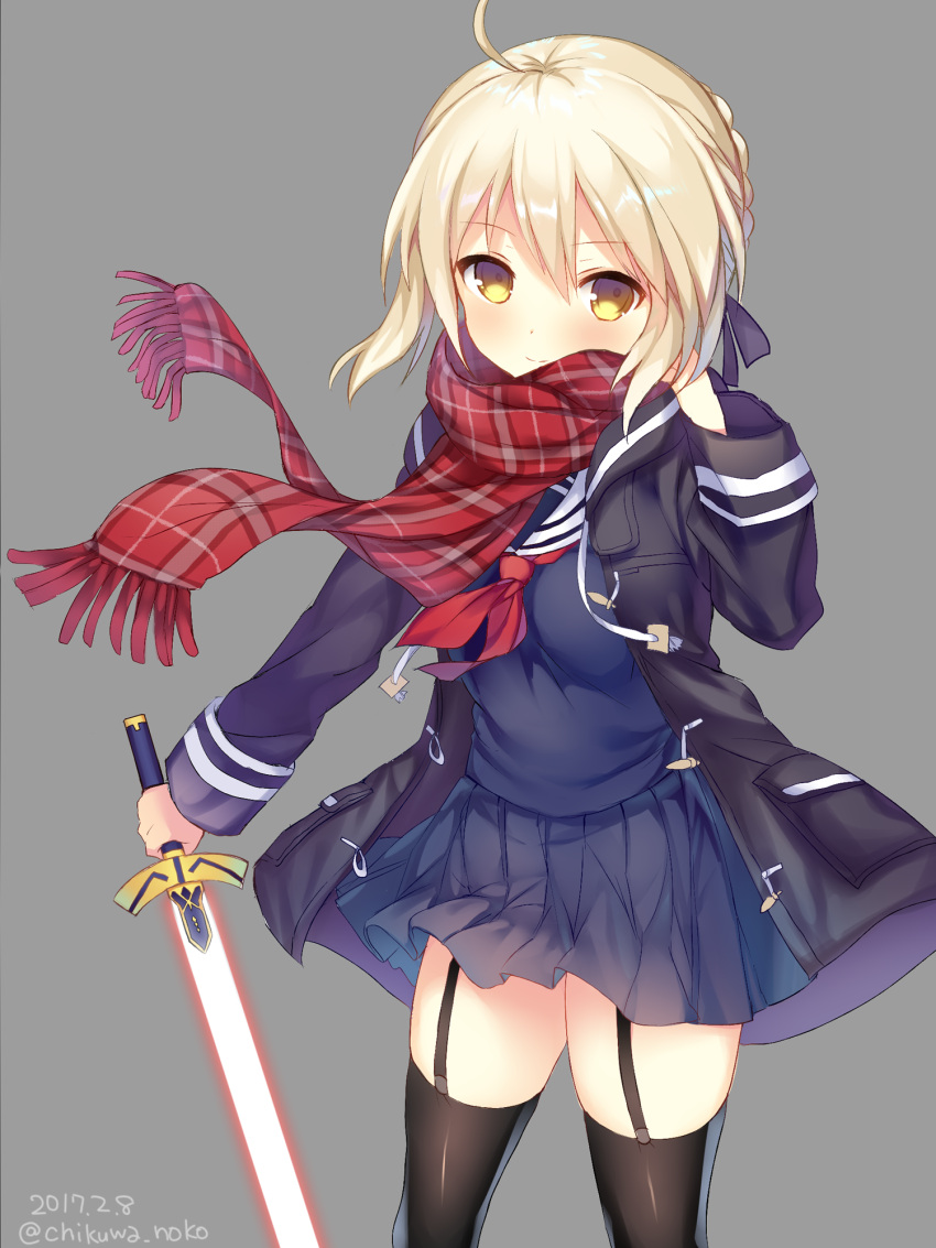 1girl, ahoge, bangs, black_legwear, blonde_hair, blue_skirt, blush, braid
