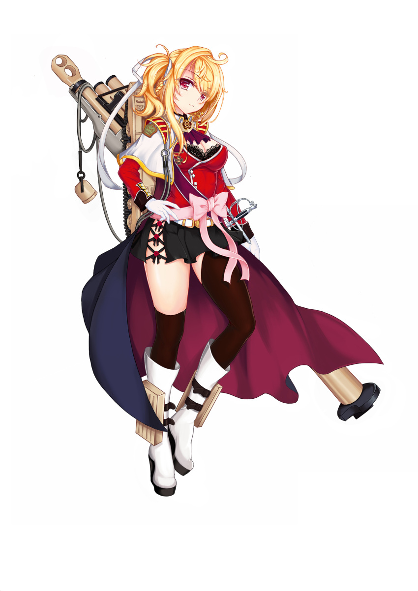 1girl, archer_(panzer_waltz), asymmetrical_legwear, blonde_hair, boots, bow, bra, cannon