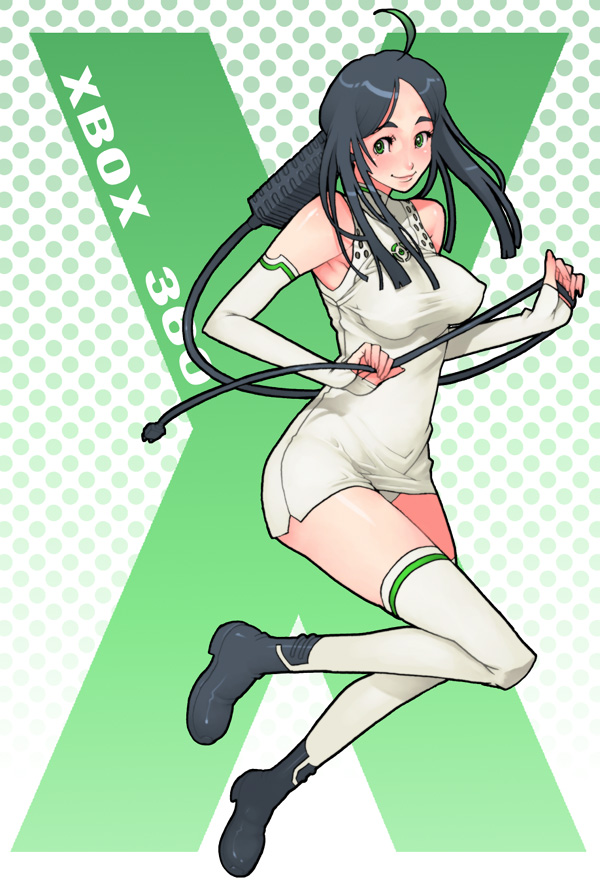 black_hair, cable, cables, elbow_gloves, g-room_honten, gloves, green_eyes, long_hair