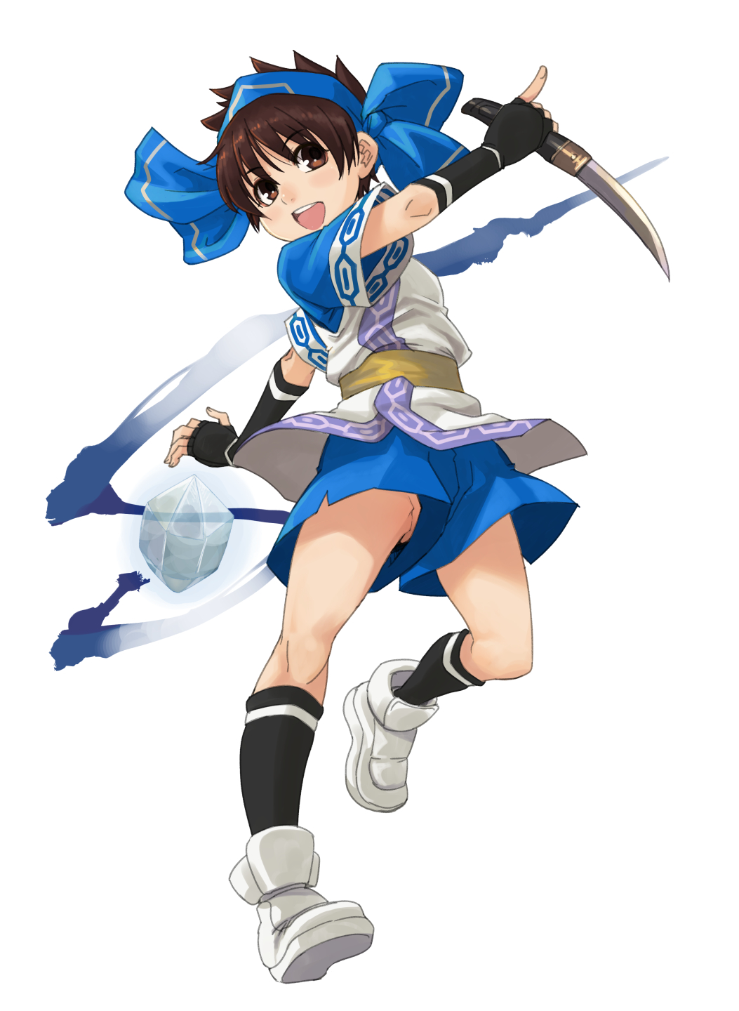 1girl, blade, brown_eyes, brown_hair, full_body, gauntlets, hairband, highres, ice, no_panties, open_mouth, rimururu, samurai_spirits, shoes, shorts, snk, socks, solo, stupa13a, weapon
